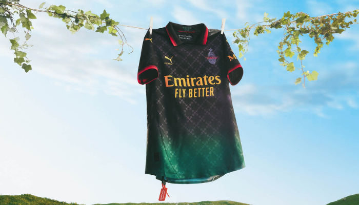 Quarta camisa do AC Milan 2025 Puma x Off-White, em preto e verde com degradê, gola polo preta com efeito grunge vermelho, setas icônicas da Off-White, escudo TPU 3D preto com "Diavoli" em vermelho, logo PUMA e patrocínios em amarelo chanfrado, número "63" na gol