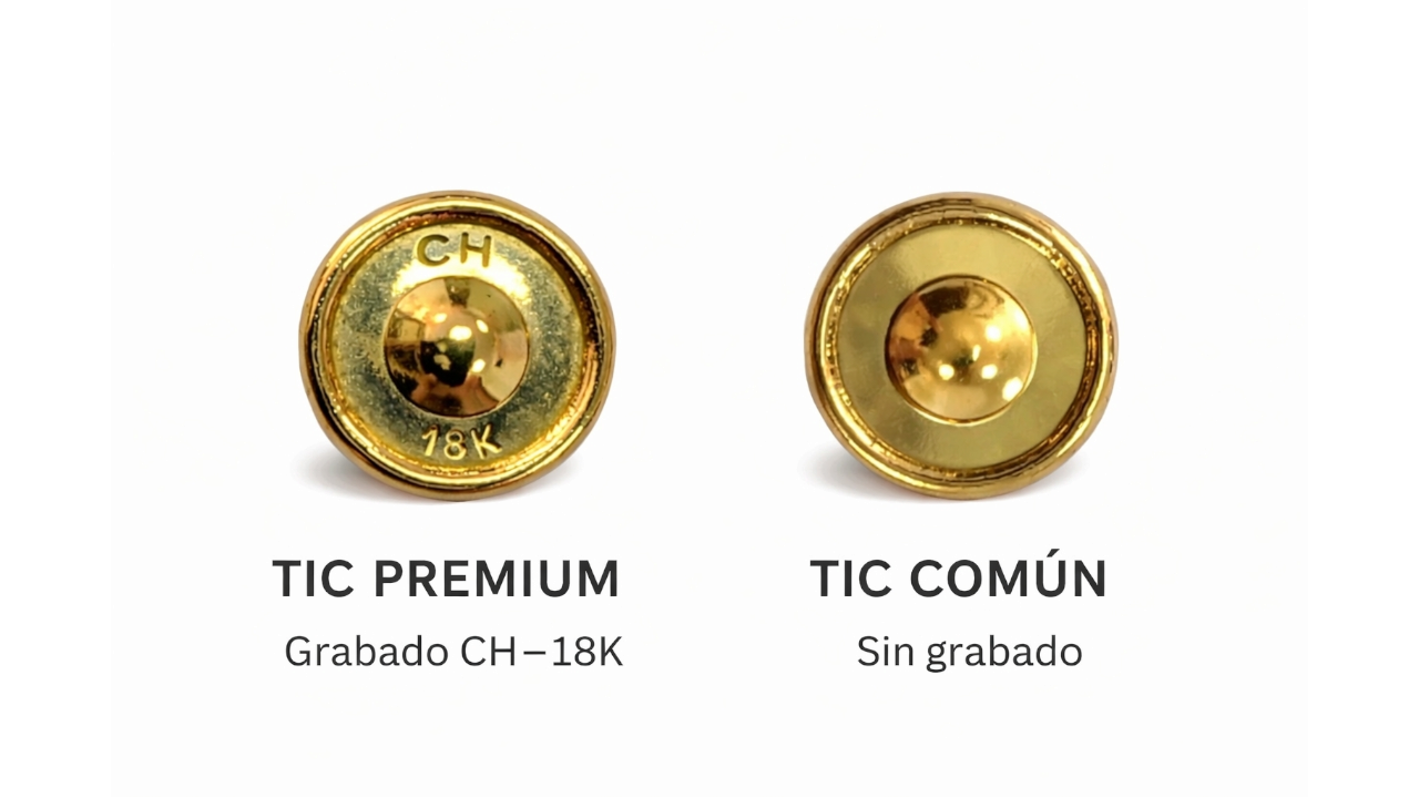 Comparación entre tic premium grabado CH 18K y tic común sin grabado en abridores de oro para bebé