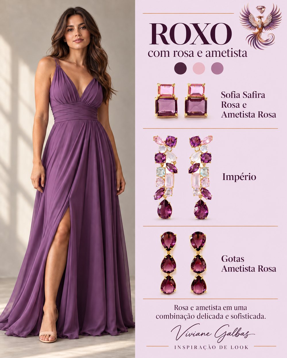 Look roxo com brincos de safira rosa e ametista rosa Viviane Galbas