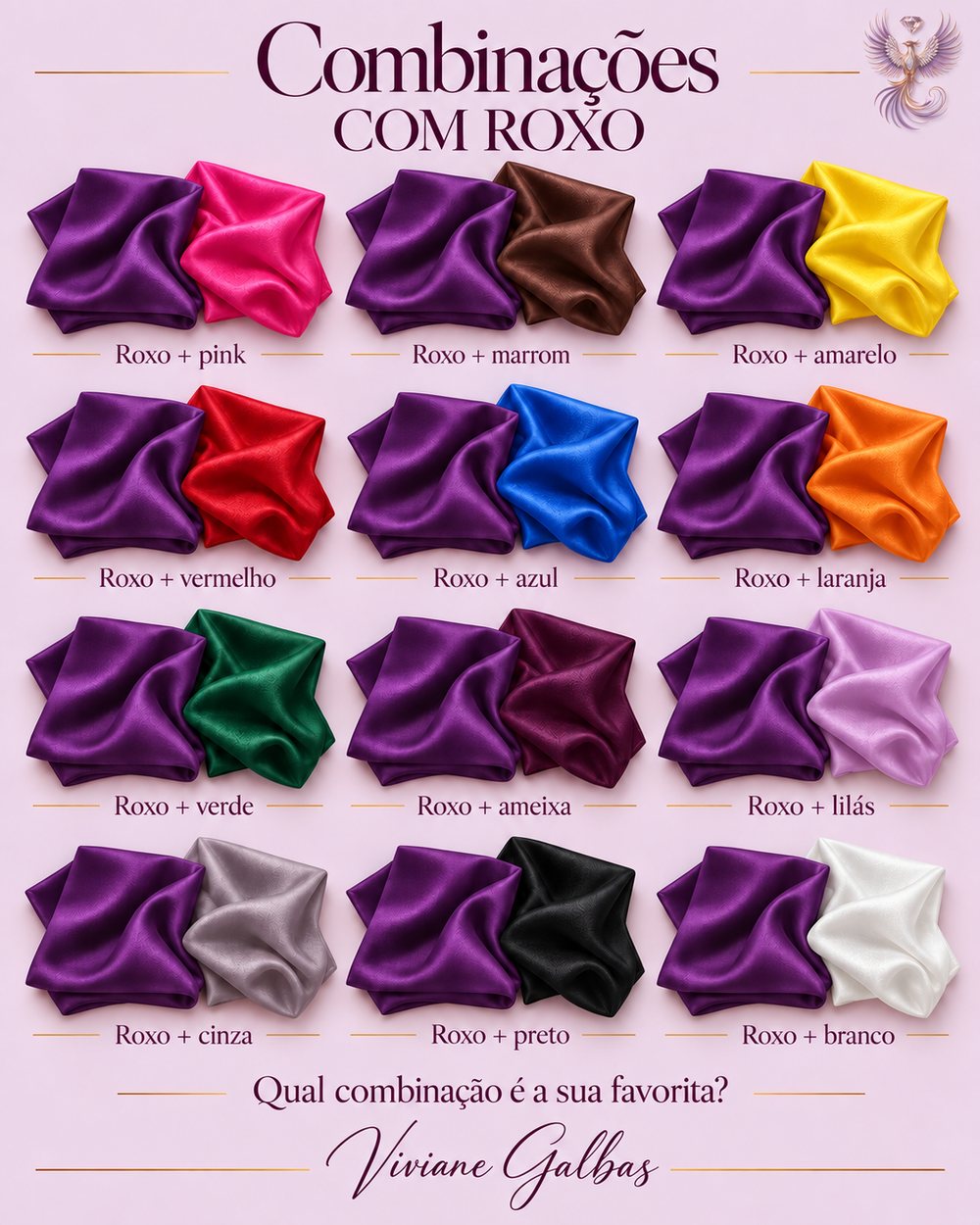 Combinações com roxo: pink, marrom, amarelo, vermelho, azul, laranja, verde, ameixa, lilás, cinza, preto e branco