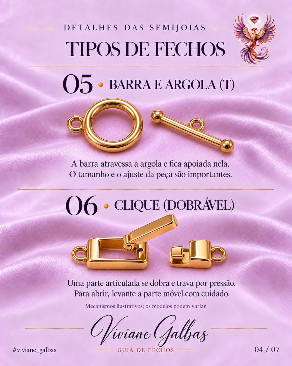 Fecho barra e argola (T) e fecho clique dobrável