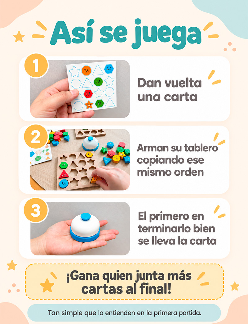 Así se juega Formas Competidoras en Madera: dan vuelta una carta, arman su tablero y el primero en terminar se lleva la carta