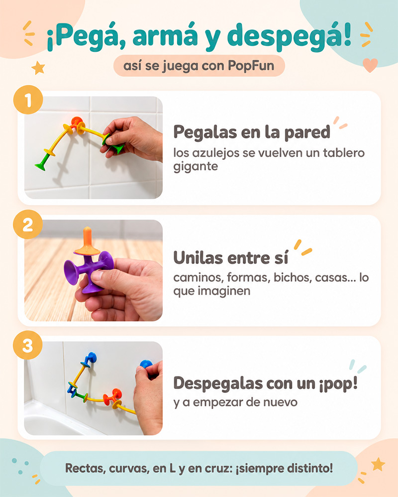 Cómo se juega con PopFun: pegar las sopapas en la pared, unirlas entre sí y despegarlas con un pop