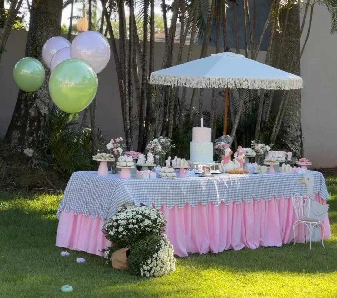 festa de patinhos cor de rosa com patinho de pelúcia em tamanho g e m