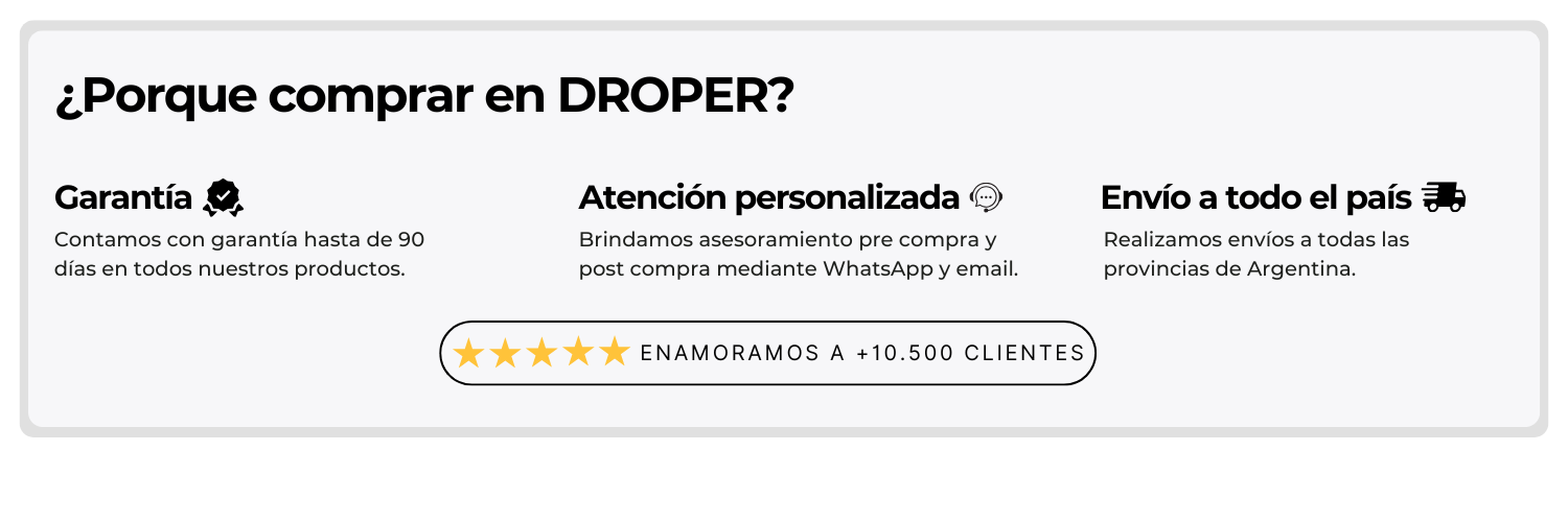&iquest;Por qu&eacute; comprar en Droper? Garant&iacute;a 90 d&iacute;as &middot; Atenci&oacute;n personalizada &middot; Env&iacute;o a todo el pa&iacute;s &middot; +10.500 clientes