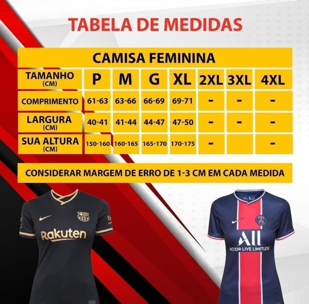 tabela camisa de time feminina