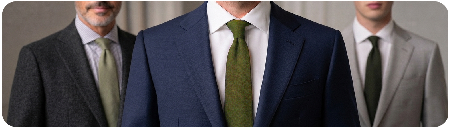 Combinação de gravata verde oliva com traje e paleta de casamento