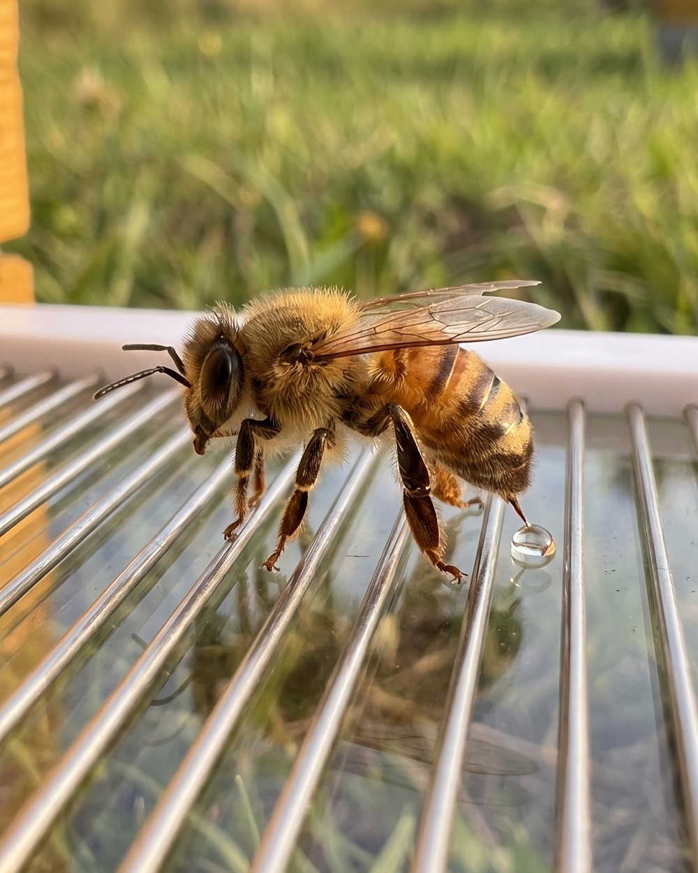 Abeja dejando su gota de veneno sobre el vidrio