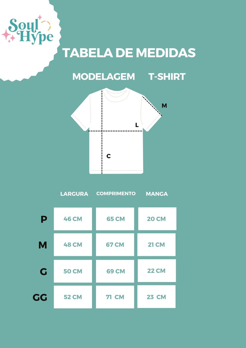 Tabela de medidas das T-shirts