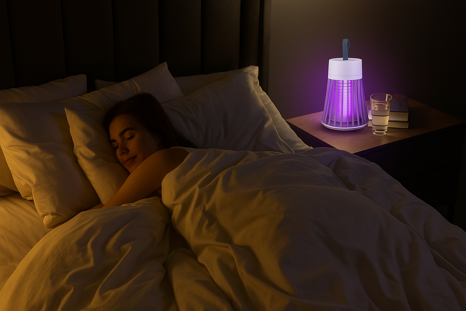 Lámpara anti mosquitos encendida junto a la cama