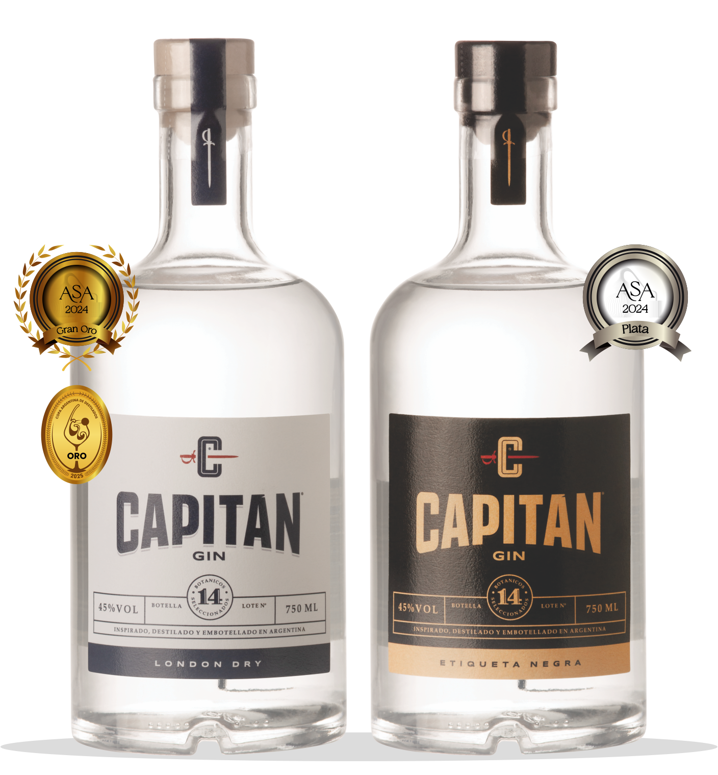 Capitán Gin London Dry y Etiqueta Negra | Gin Artesanal Premium inspirado, destilado y embotellado en Capitán Sarmiendo, Provincia de Buenos Aires, Arentina