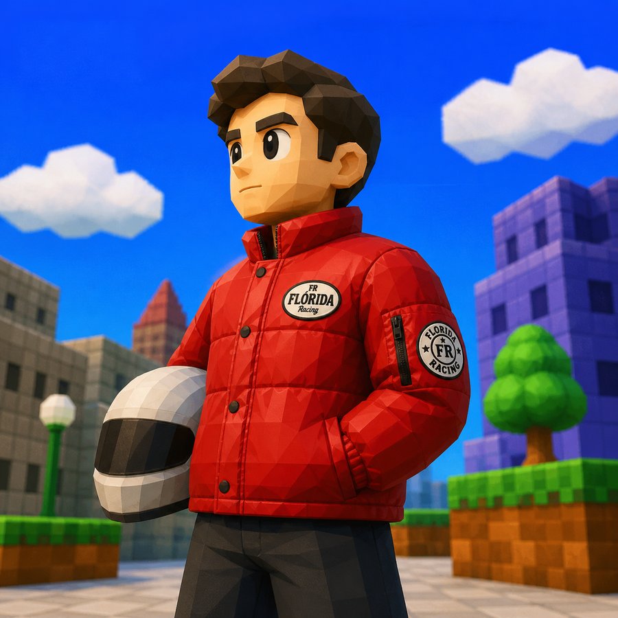 Personagem low-poly usando a jaqueta Vermelha Flórida Racing