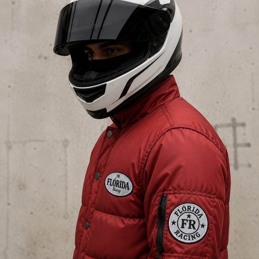 Detalhes da jaqueta Vermelha Flórida Racing com capacete branco