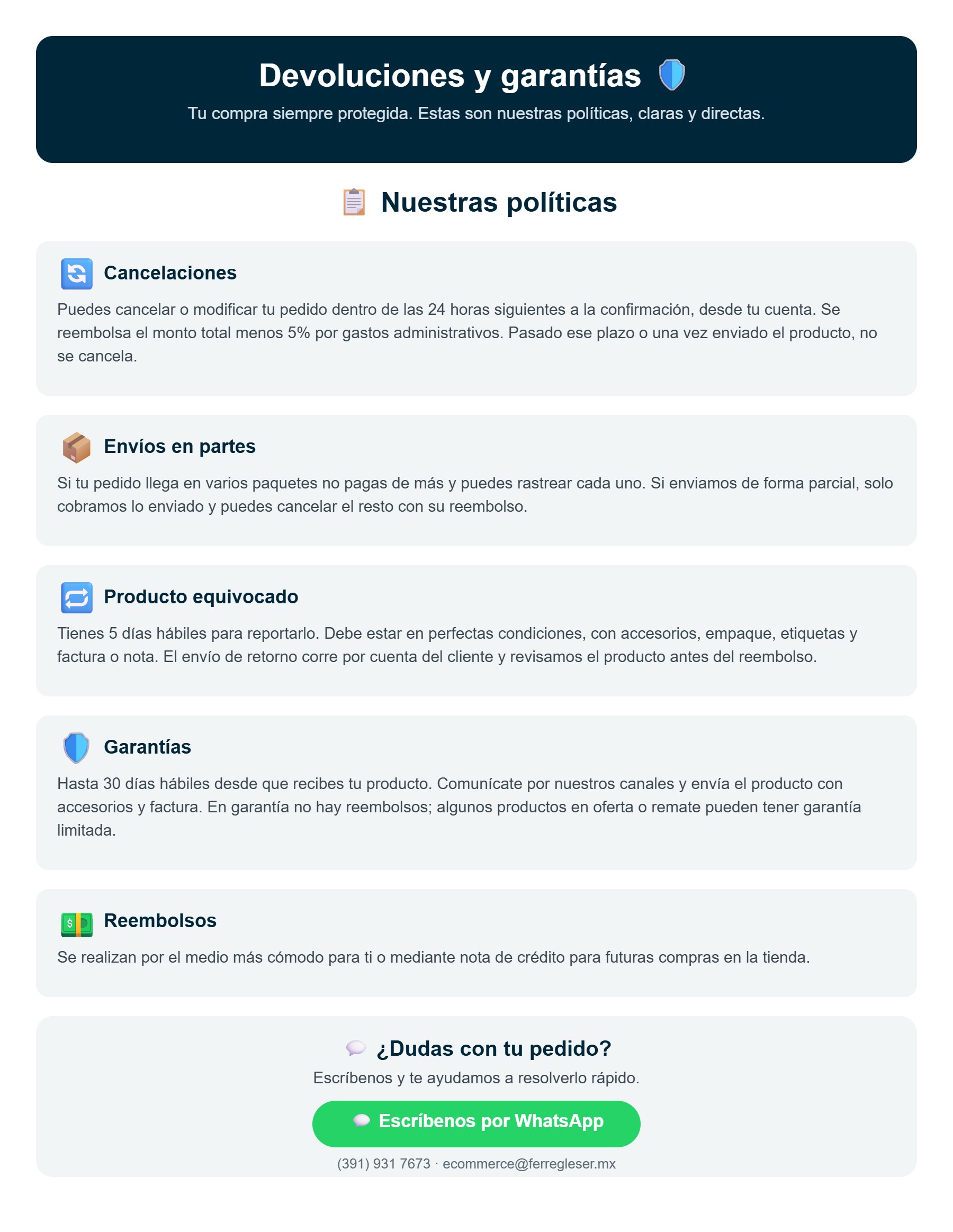 Política de devoluciones y garantías de Ferretería Gleser