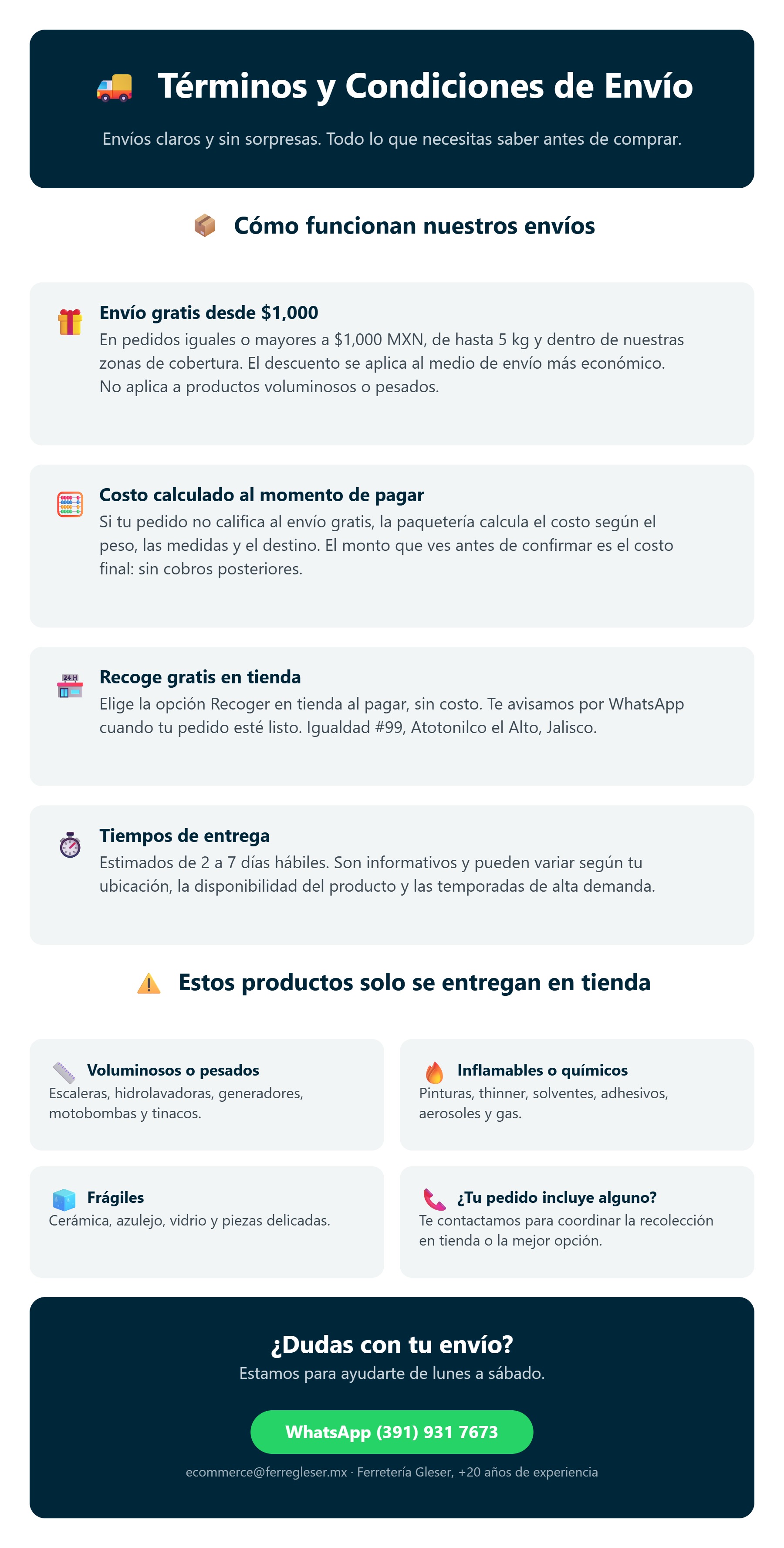 Terminos y condiciones de envio de Ferreteria Gleser: envio gratis desde $1,000, restricciones y tiempos de entrega
