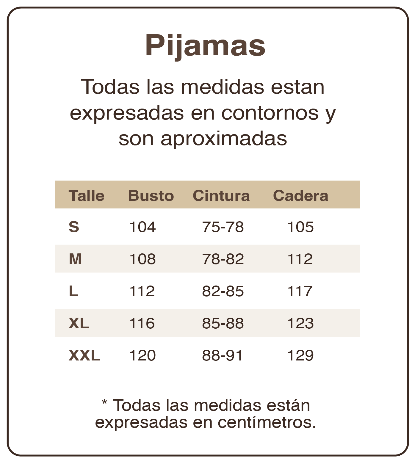 Tabla de talles pijamas