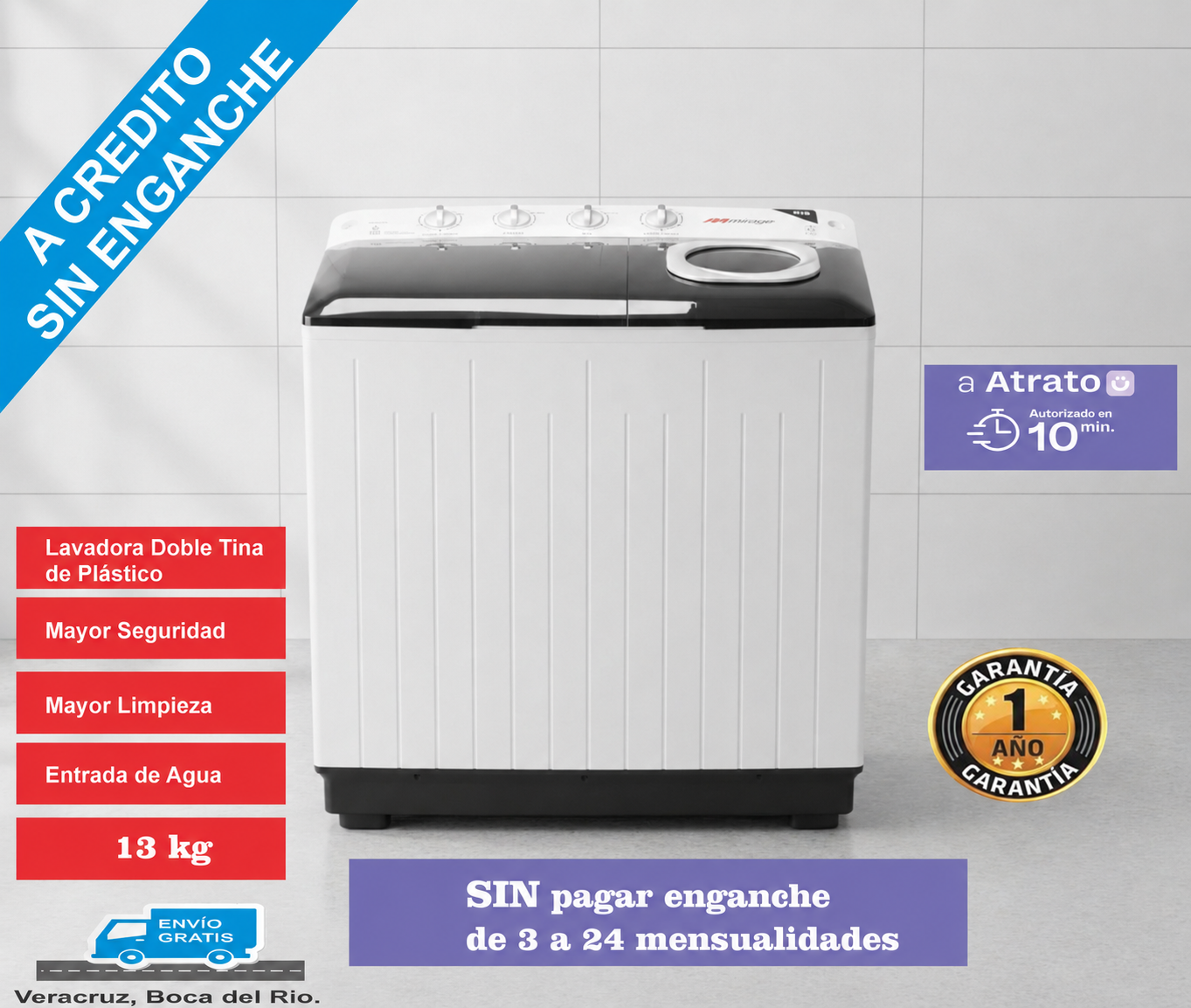 Lavadora Mirage doble tina de plástico con capacidad de 13 kilos