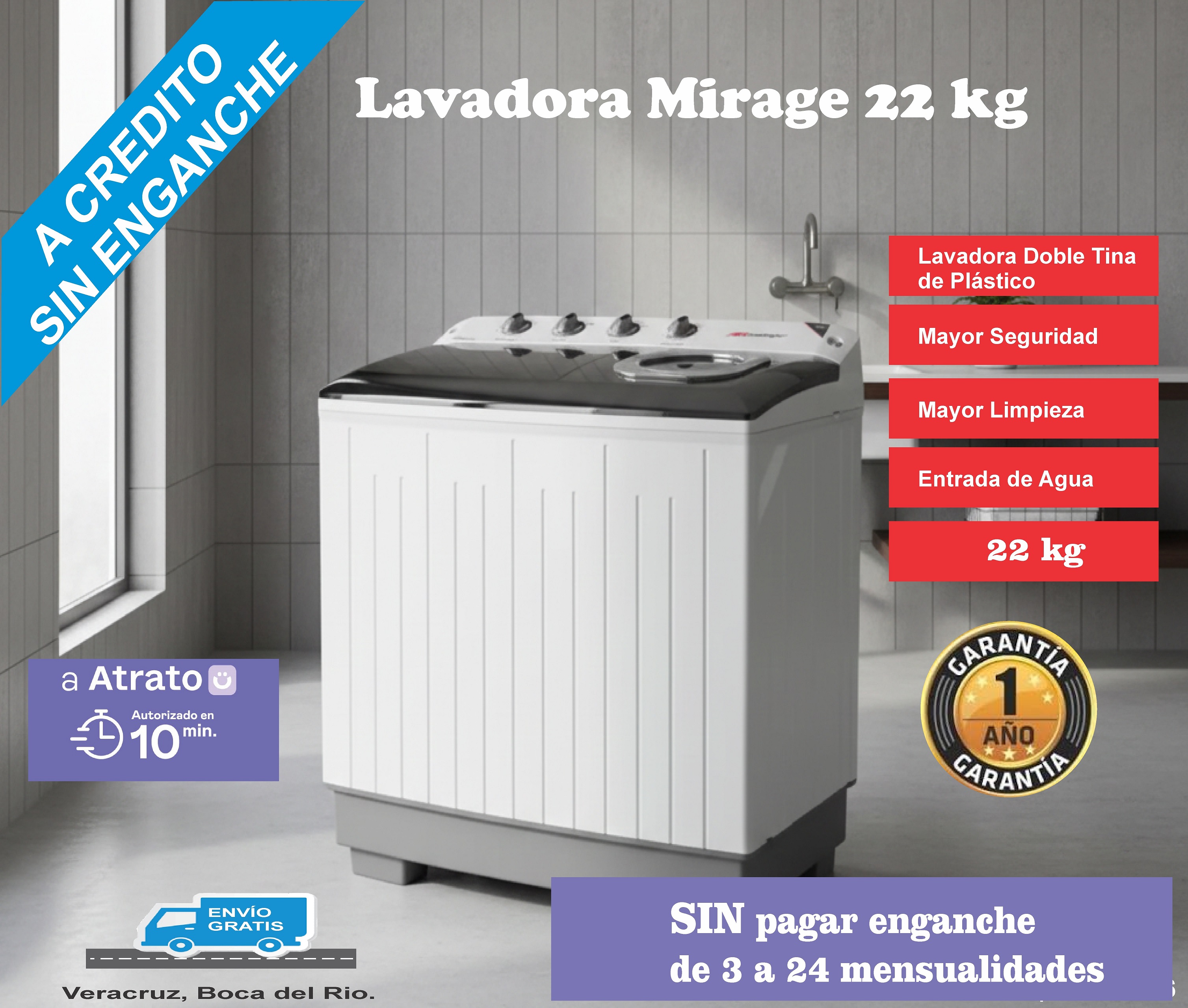 Lavadora Mirage semiautomática doble tina de 22 kilos