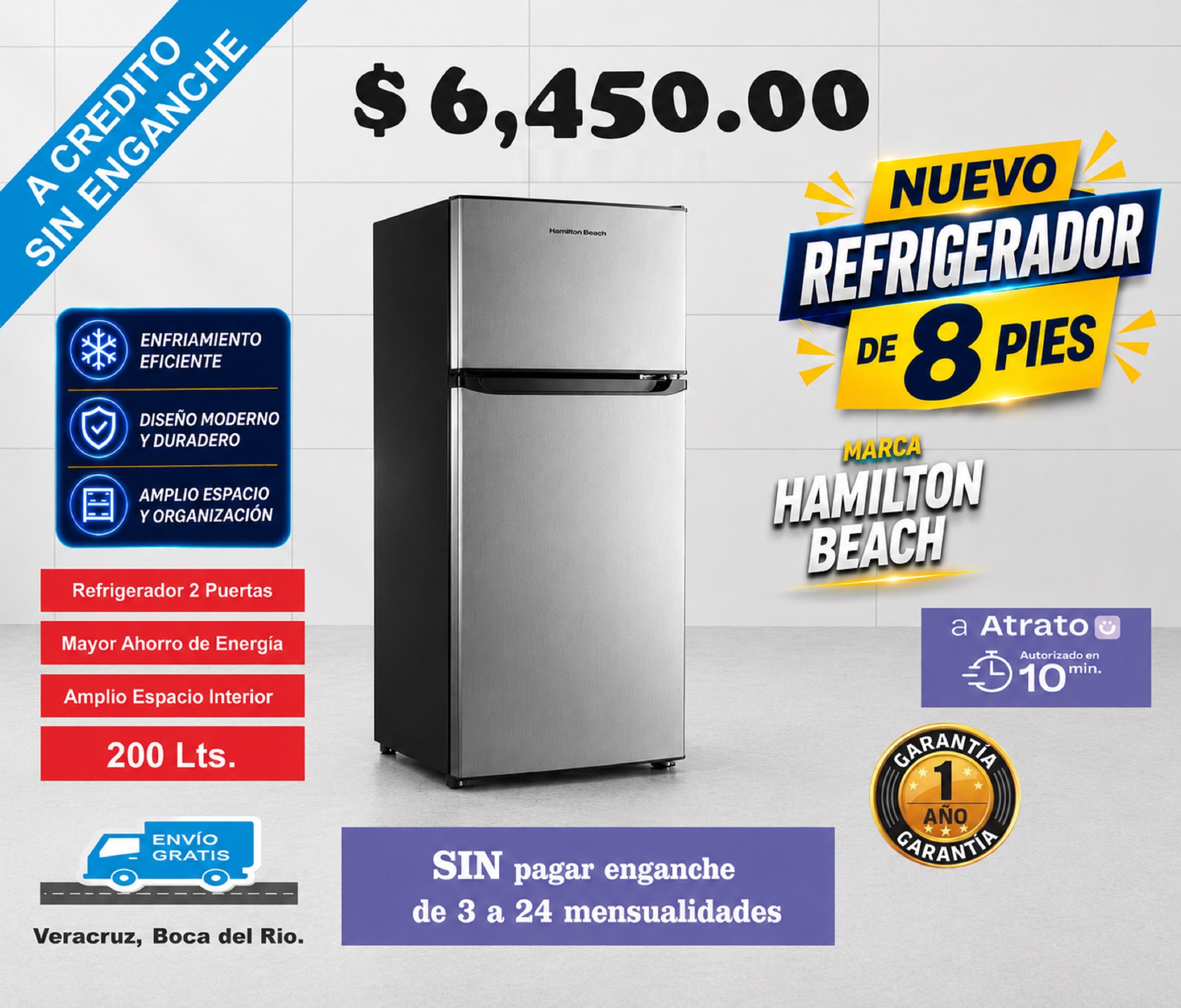 Refrigerador Hamilton Beach de 8 pies y dos puertas