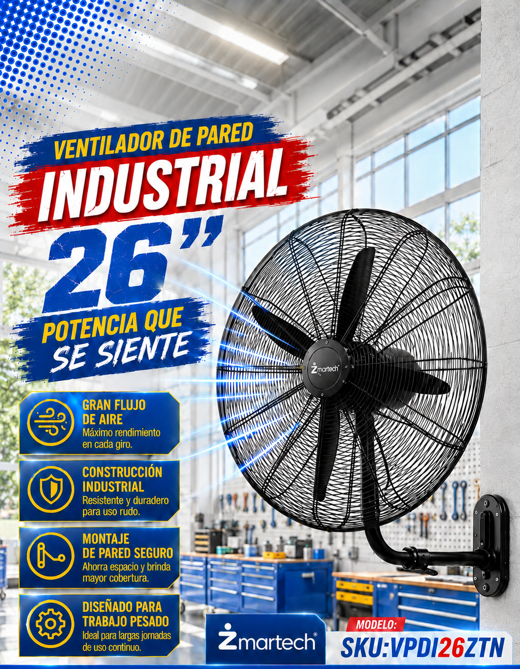 Ventilador industrial Zmartech de pared de 26 pulgadas color negro