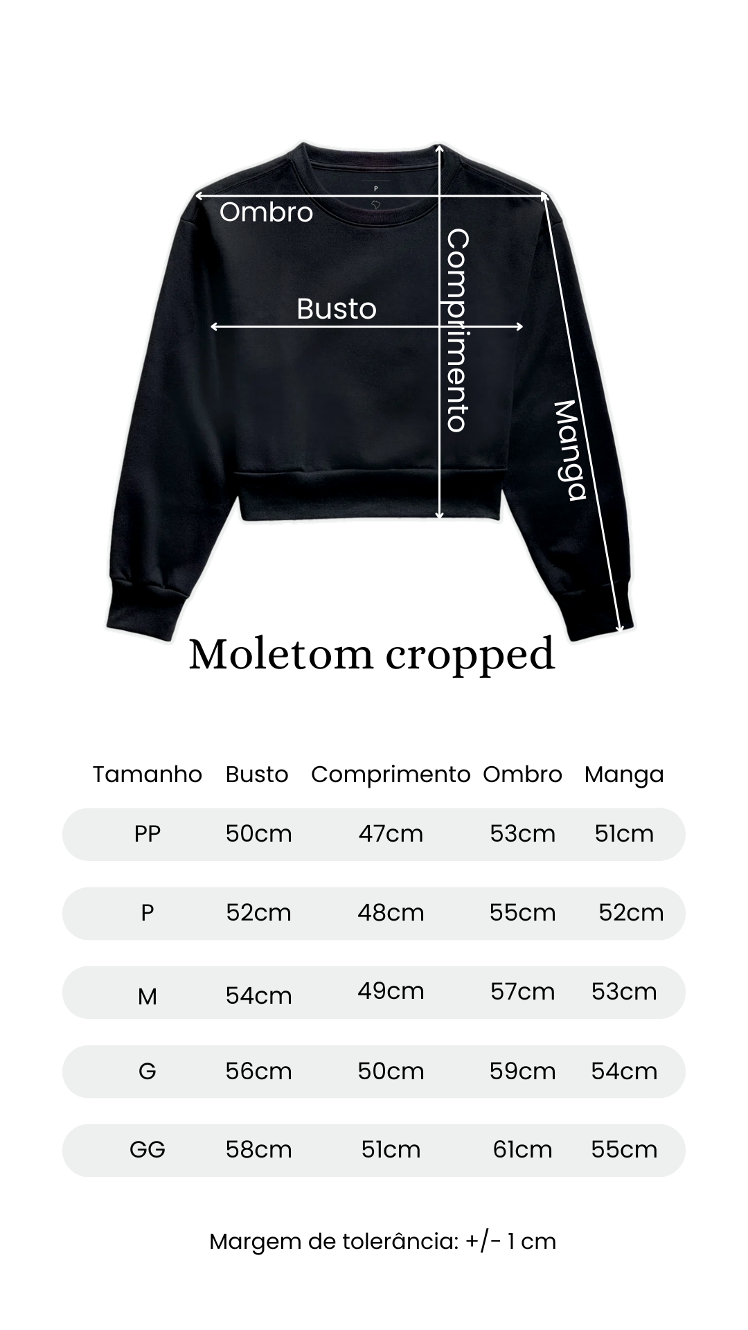 Tabela de medidas moletom cropped