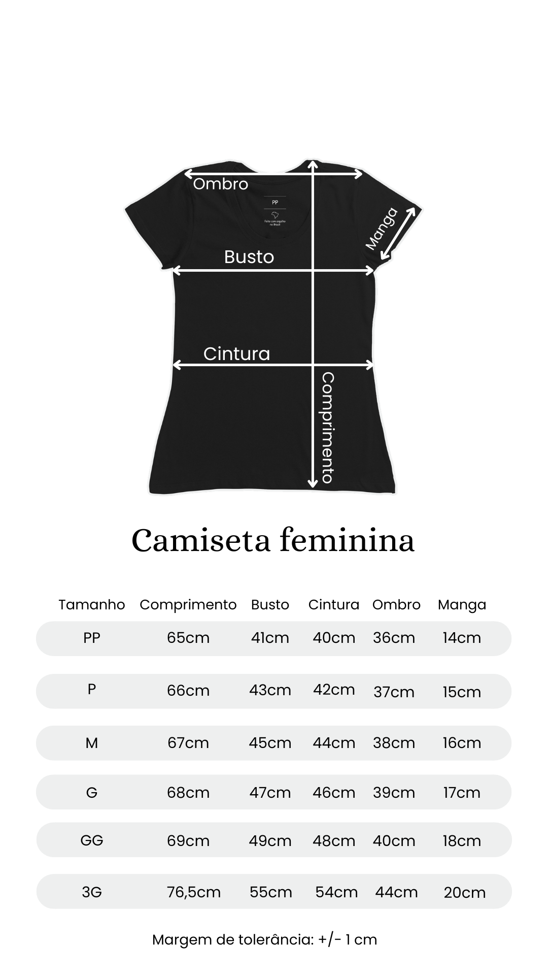 Tabela de medidas camiseta feminina