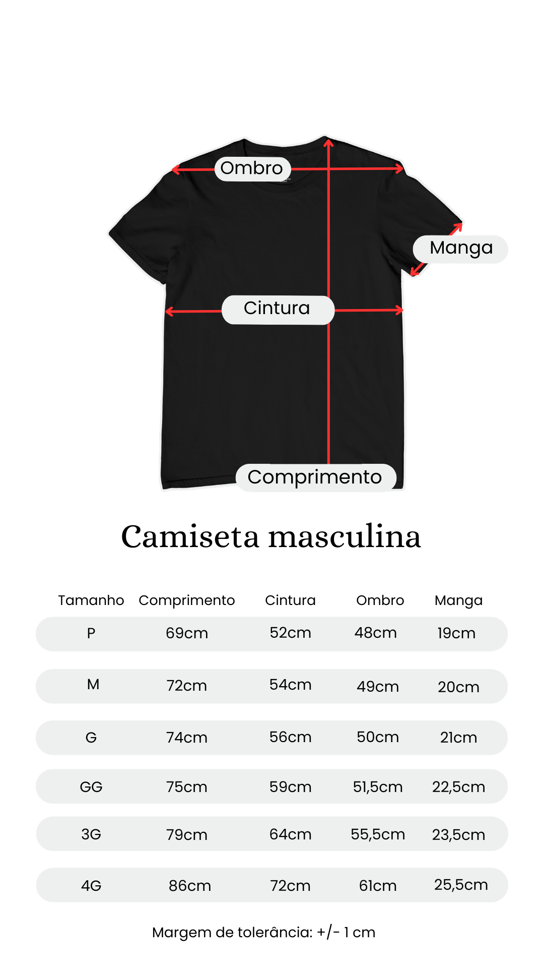 Tabela de medidas camiseta masculina