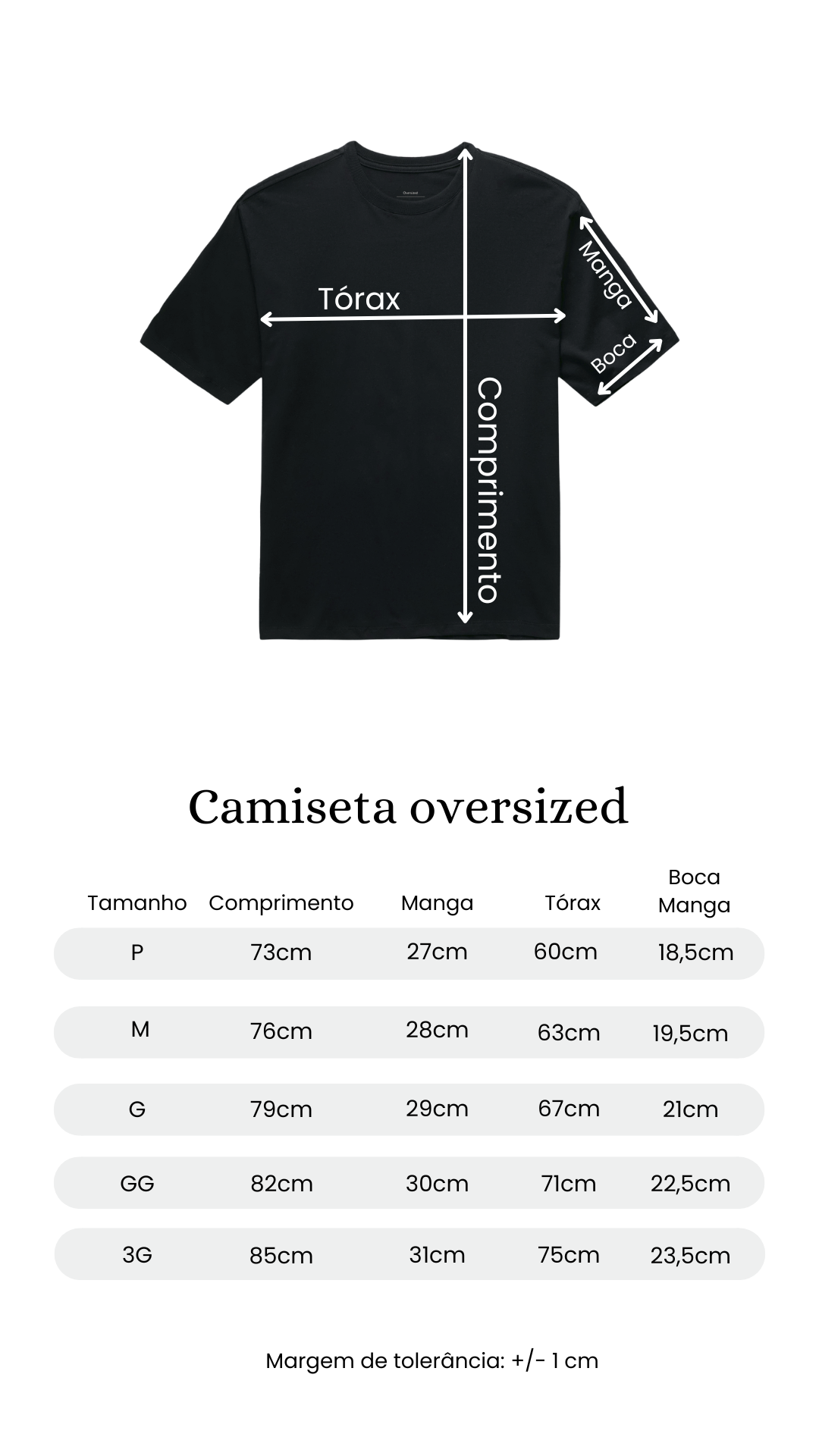 Tabela de medidas camiseta oversized