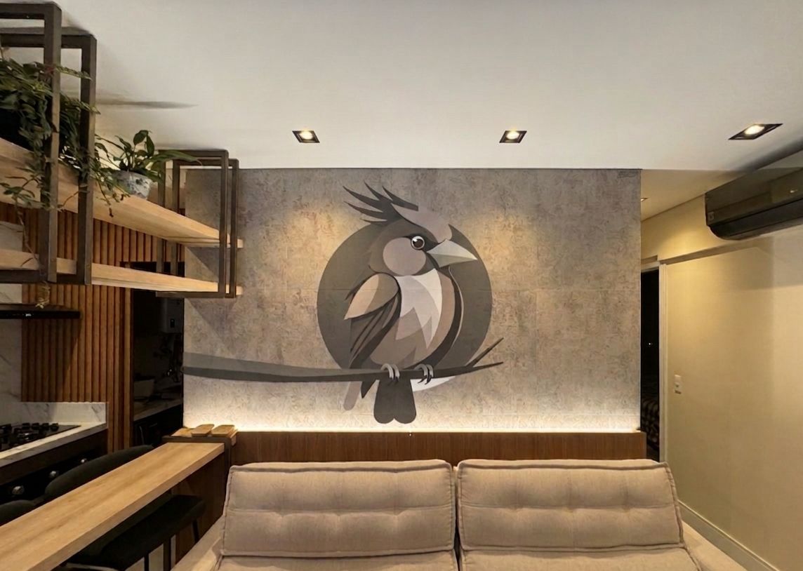 Mural em casa de alto padrao em curitiba. Passaro do Prosa graffiti.