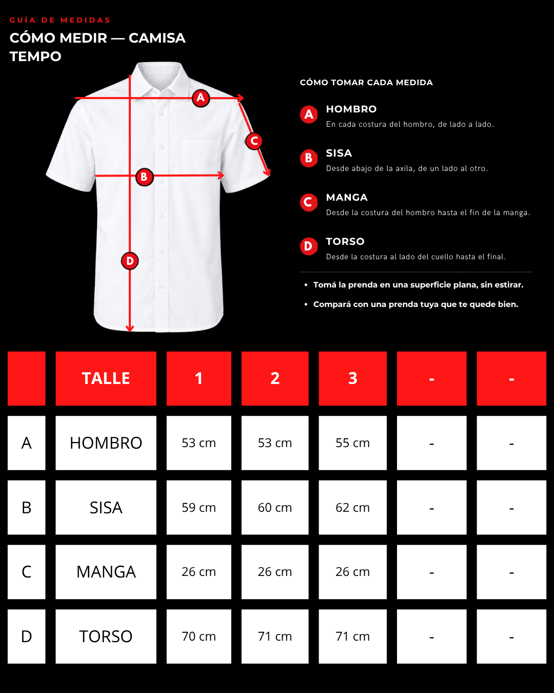 Tabla de talles Camisa Tempo