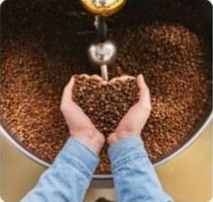 Mãos em formato de coração segurando grãos de café