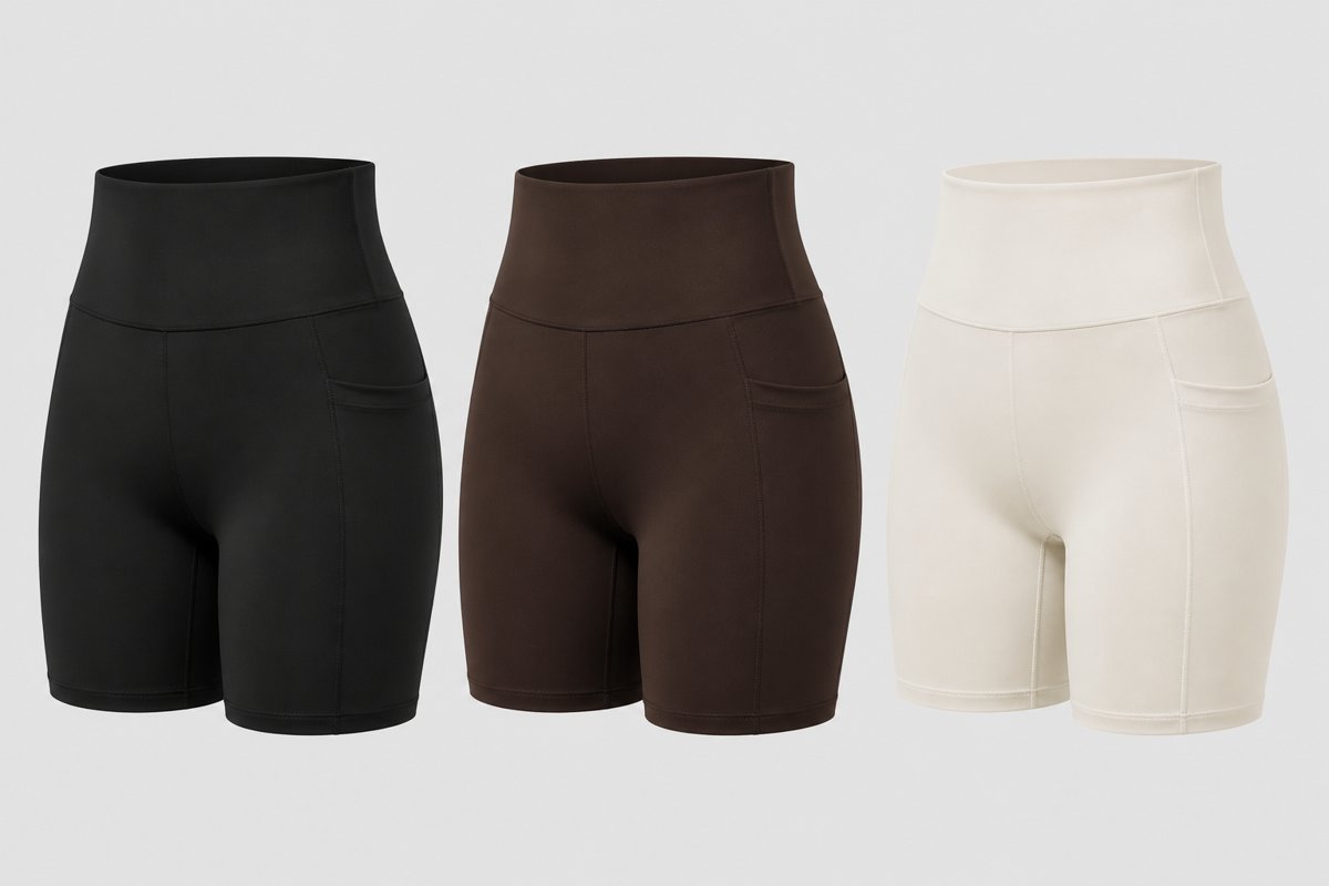 Short Move Pocket Eronna nas cores Preto Absoluto, Cacau e Off White Gelo