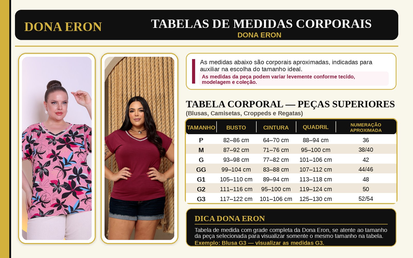 Tabela de medidas Dona Eron - Blusas, Camisetas, Croppeds e Regatas