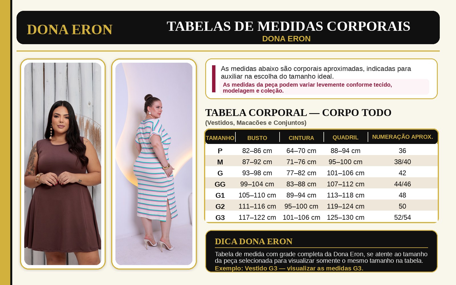 Tabela de medidas Dona Eron - Vestidos, Macacões e Conjuntos