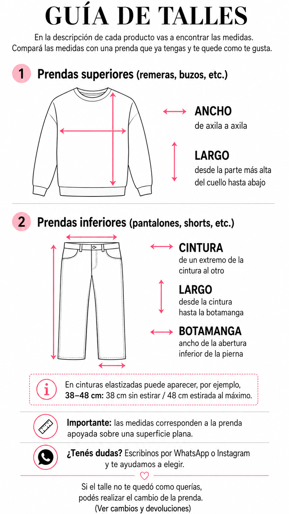 Guía de talles para celular con instrucciones para medir ancho, largo, cintura y botamanga.