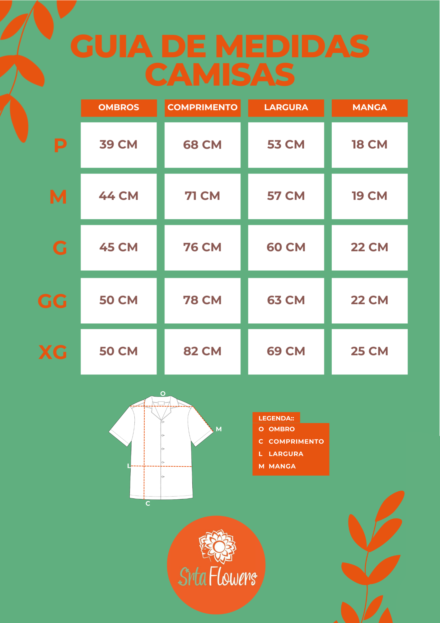 Medidas das Camisas - Crepe Seda