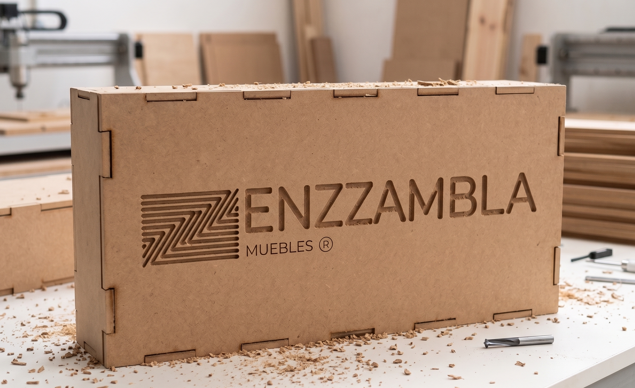 Caja de empaque de Enzzambla con logo grabado en madera, en el taller junto a las máquinas CNC