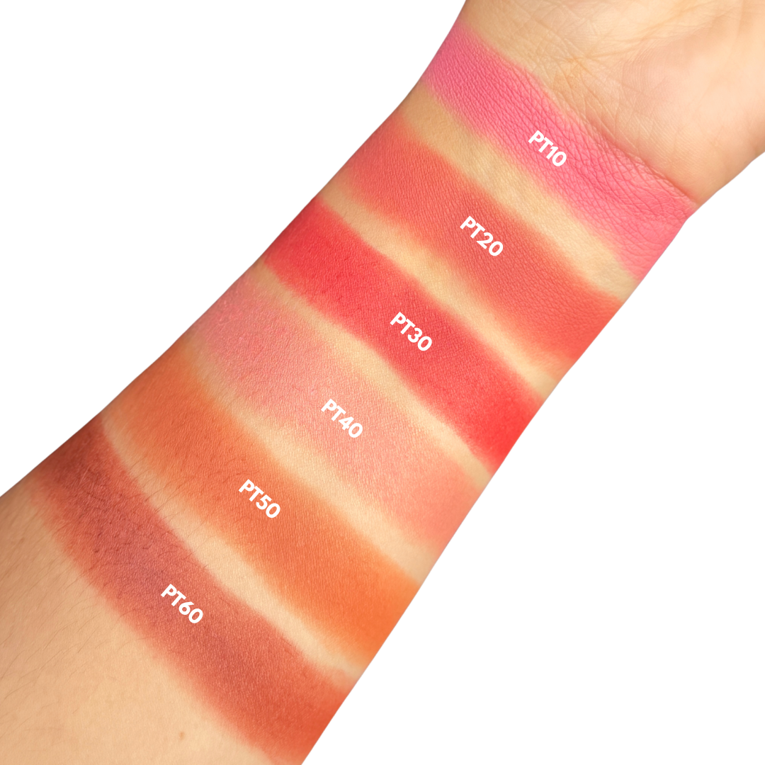 Cartela com as seis cores do Blush Cremoso Pop Trend Ruby Rose