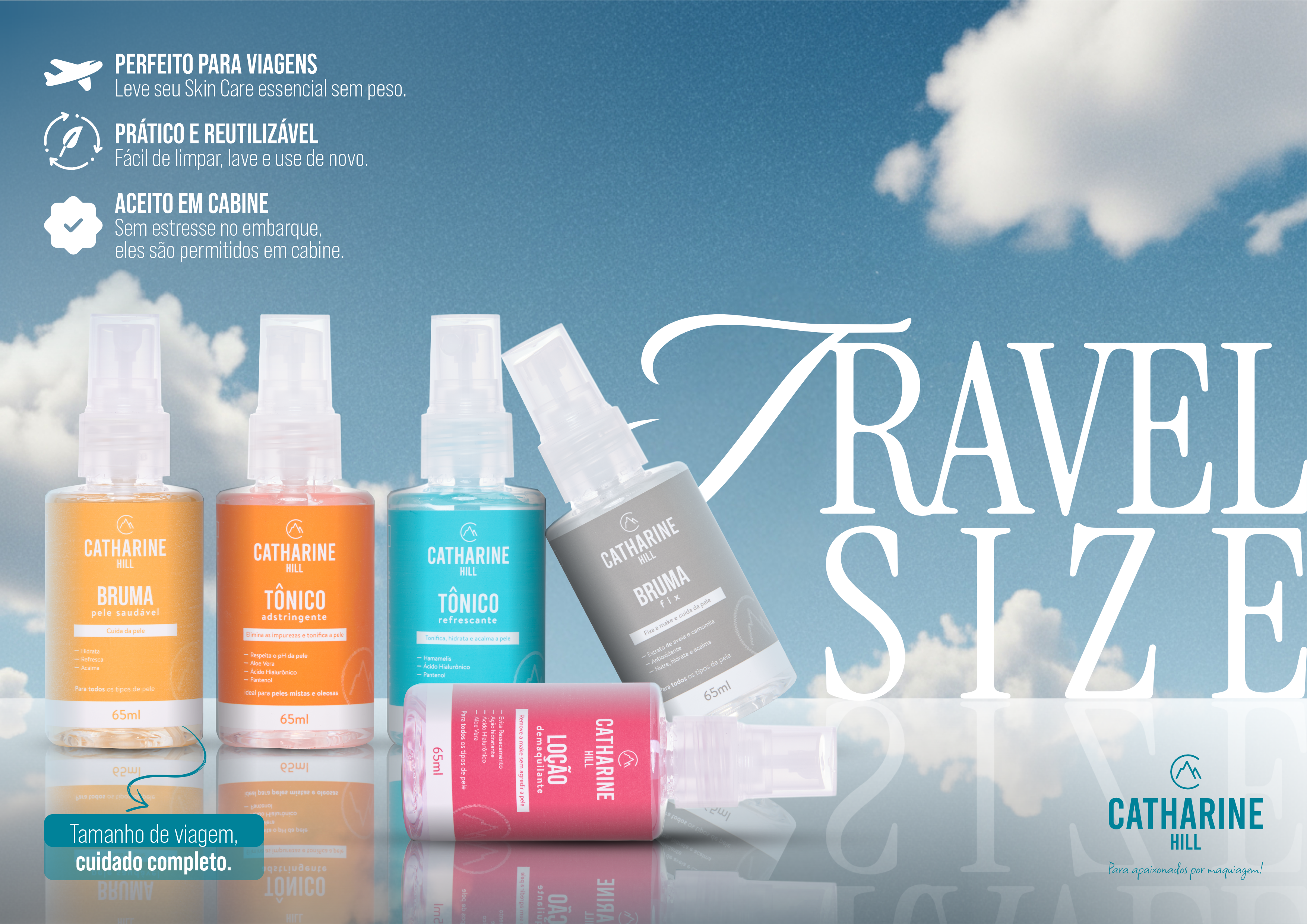 Linha Travel Size Catharine Hill com a Bruma Fixadora Brumafix 65 ml em contexto de viagem