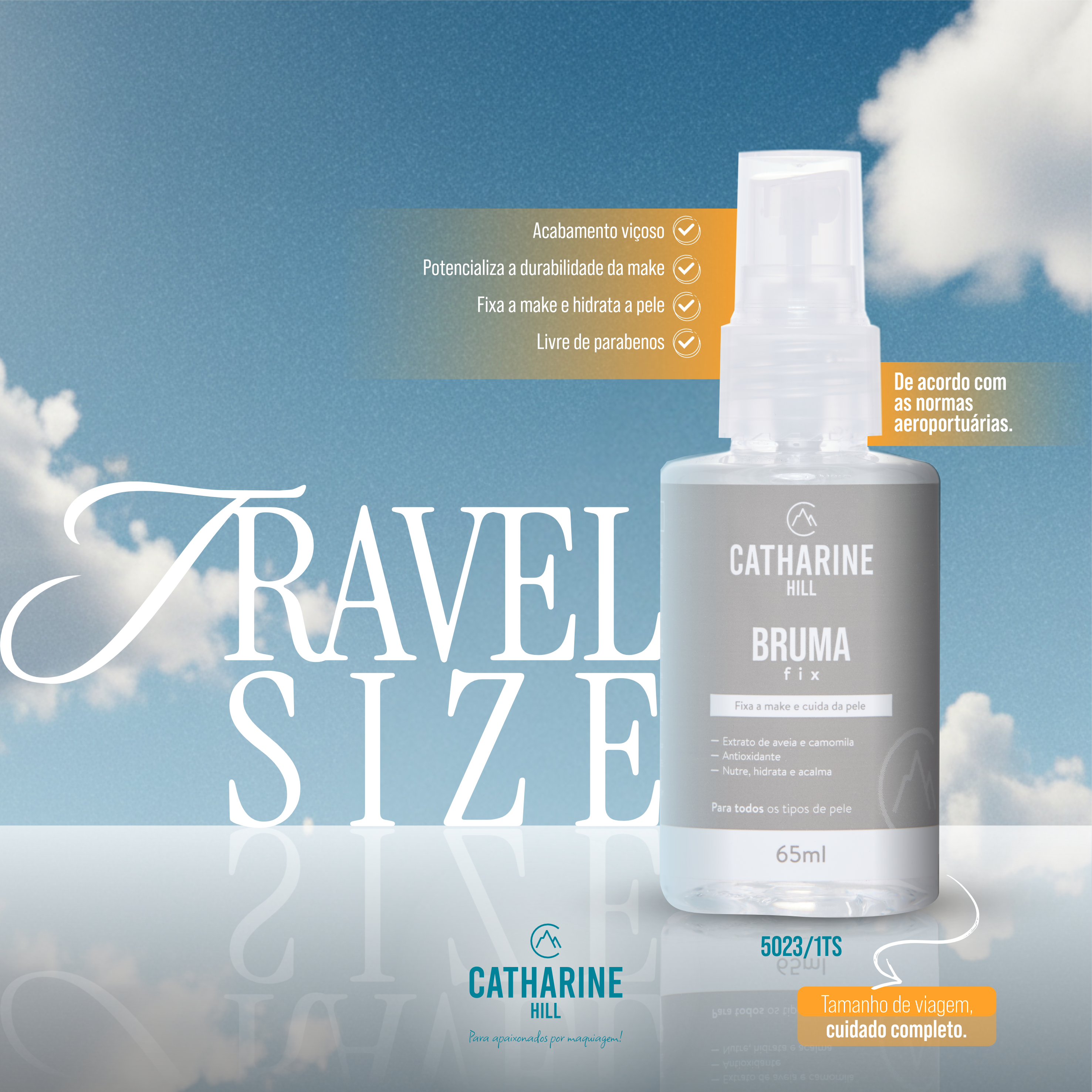 Benef&iacute;cios e embalagem da Bruma Fixadora Brumafix Travel Size 65 ml Catharine Hill