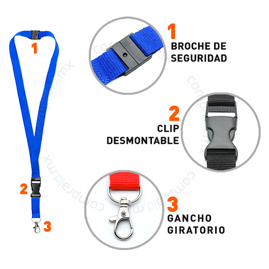 Lanyard porta gafete azul rey de 3 elementos, broche de seguridad, clip desmontable y gancho giratorio 