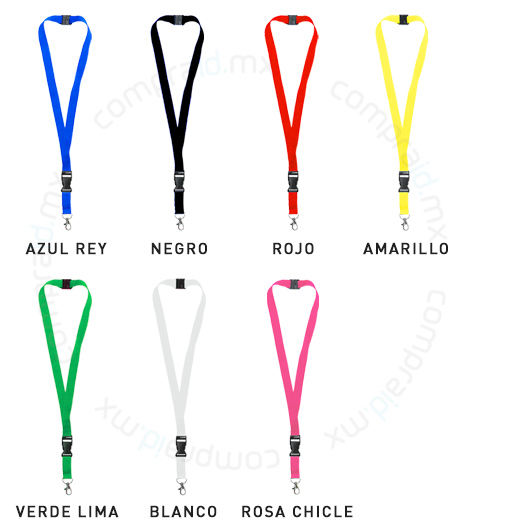 Lanyard de seguridad disponible en colores: azul rey, negro, rojo, amarillo, verde lima, blanco y rosa chicle.
