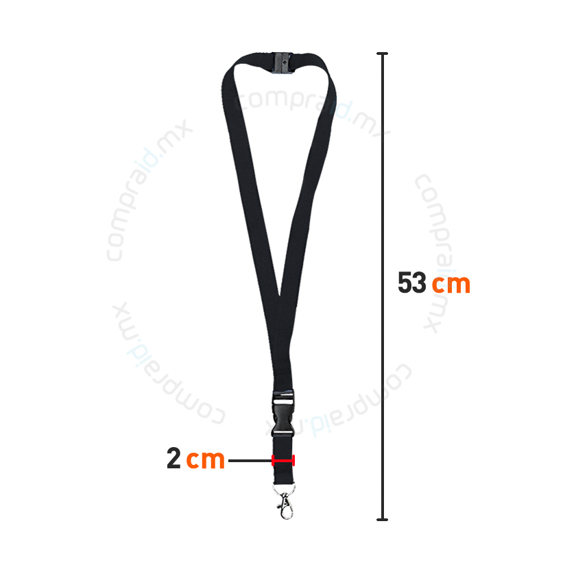 El lanyard de seguridad mide 2cm de ancho por 53 cm de largo.