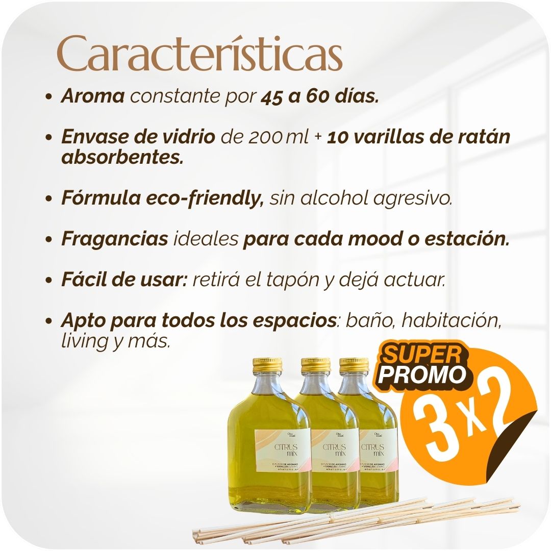 difusor de aromas. OHA HOME. Aroma constante por 45 a 60 días.  Envase de vidrio de 200 ml + 10 varillas de ratán absorbentes.  Fórmula eco-friendly, sin alcohol agresivo.  Fragancias ideales para cada mood o estación.  Fácil de usar: retirá el tapón y dejá actuar.  Apto para todos los espacios: baño, habitación, living y más.