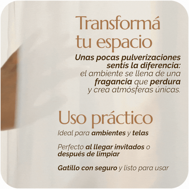 Unas pocas pulverizaciones sentís la diferencia: el ambiente se llena de una fragancia que perdura y crea atmósferas únicas. Ideal para ambientes y telas  Perfecto al llegar invitados o después de limpiar  Gatillo con seguro y listo para usar