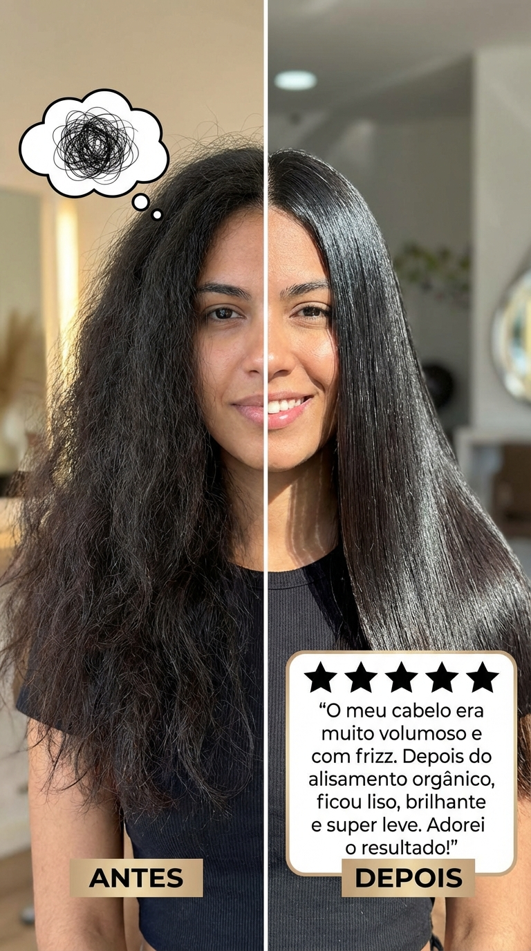 “Meu cabelo era muito volumoso e com bastante frizz. Depois da progressiva orgânica ficou alinhado, com brilho e super leve. Amei o resultado!”