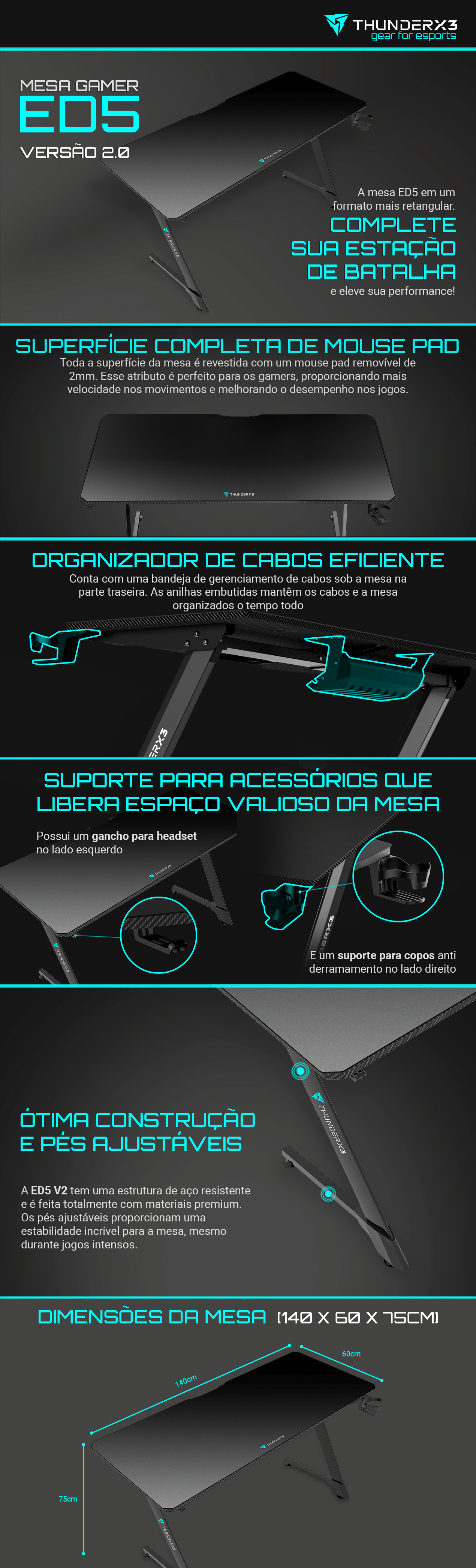 Mesa Gamer ThunderX3 ED5 2.0 Preta