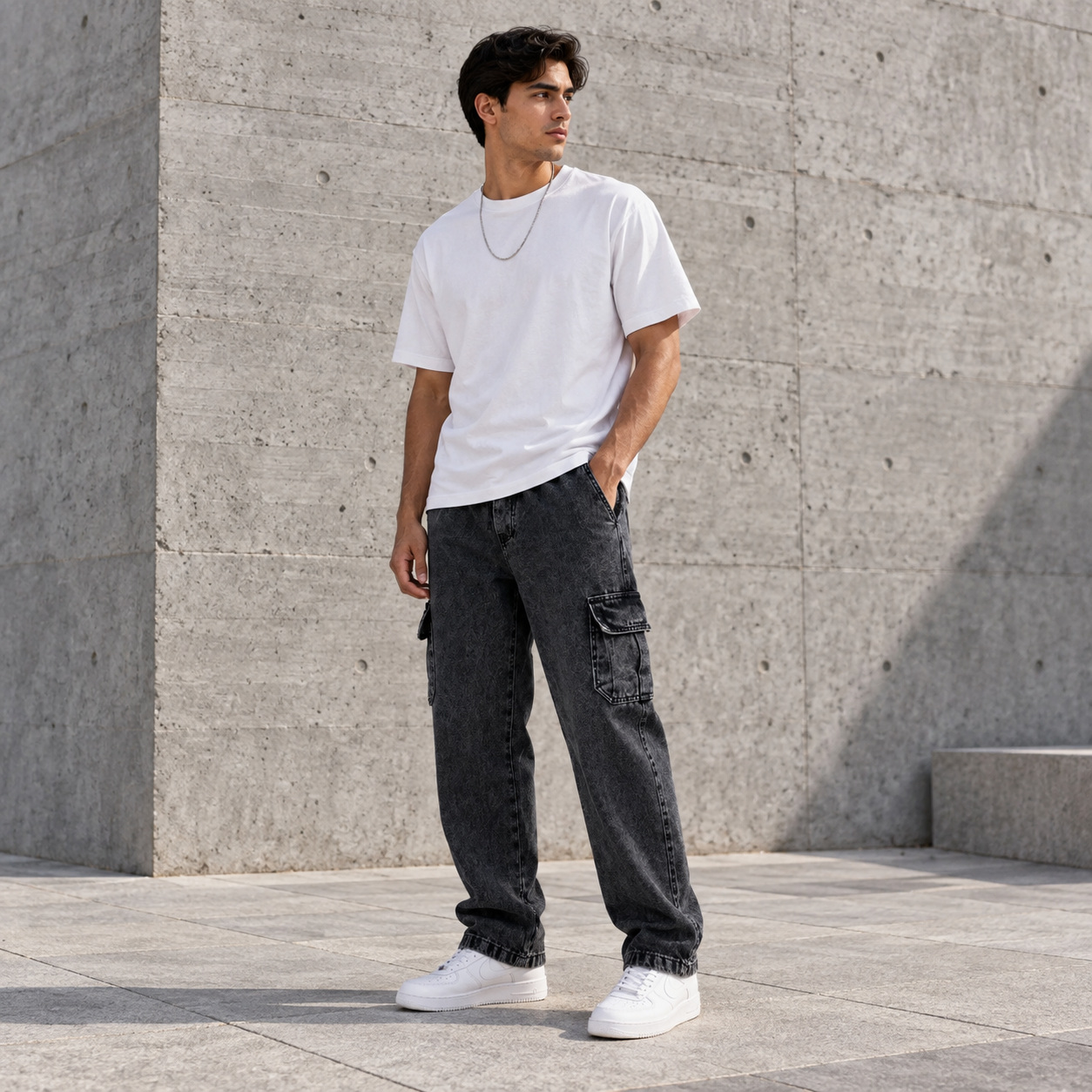 Modelo usando a Cargo Reta Jeans Grafite New Flow em um ambiente urbano.