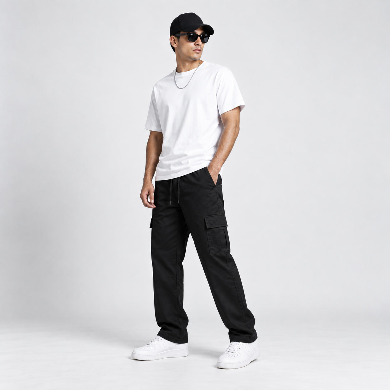 Look completo com camiseta branca, Cargo Reta Preta e t&ecirc;nis branco.