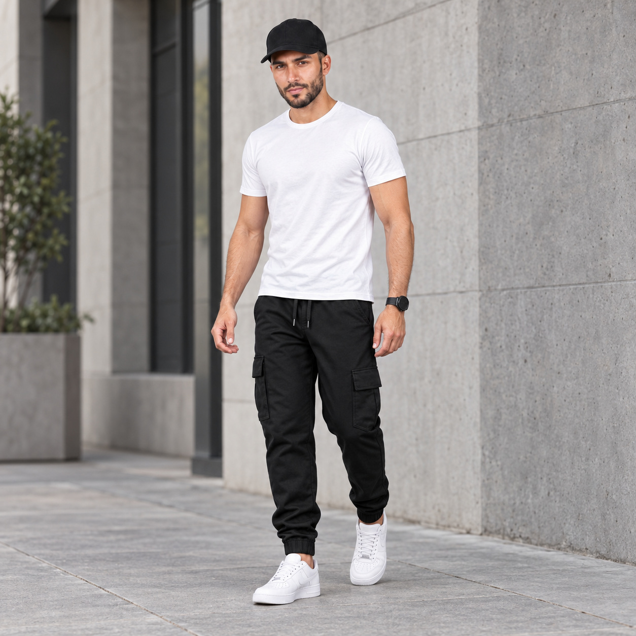 Jogger Cargo Preta New Flow em um look com camiseta branca, bon&eacute; e t&ecirc;nis branco em ambiente urbano.